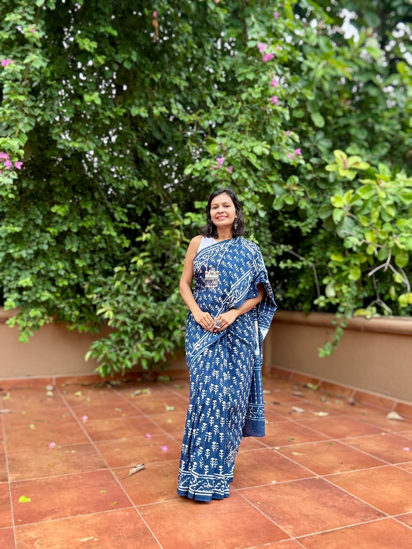 Indigo Hand Block Printed Cotton Saree
