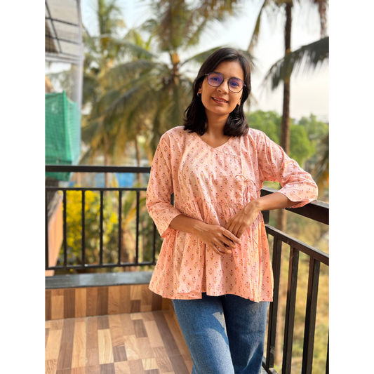 Peach Angrakha Style Cotton Kurti