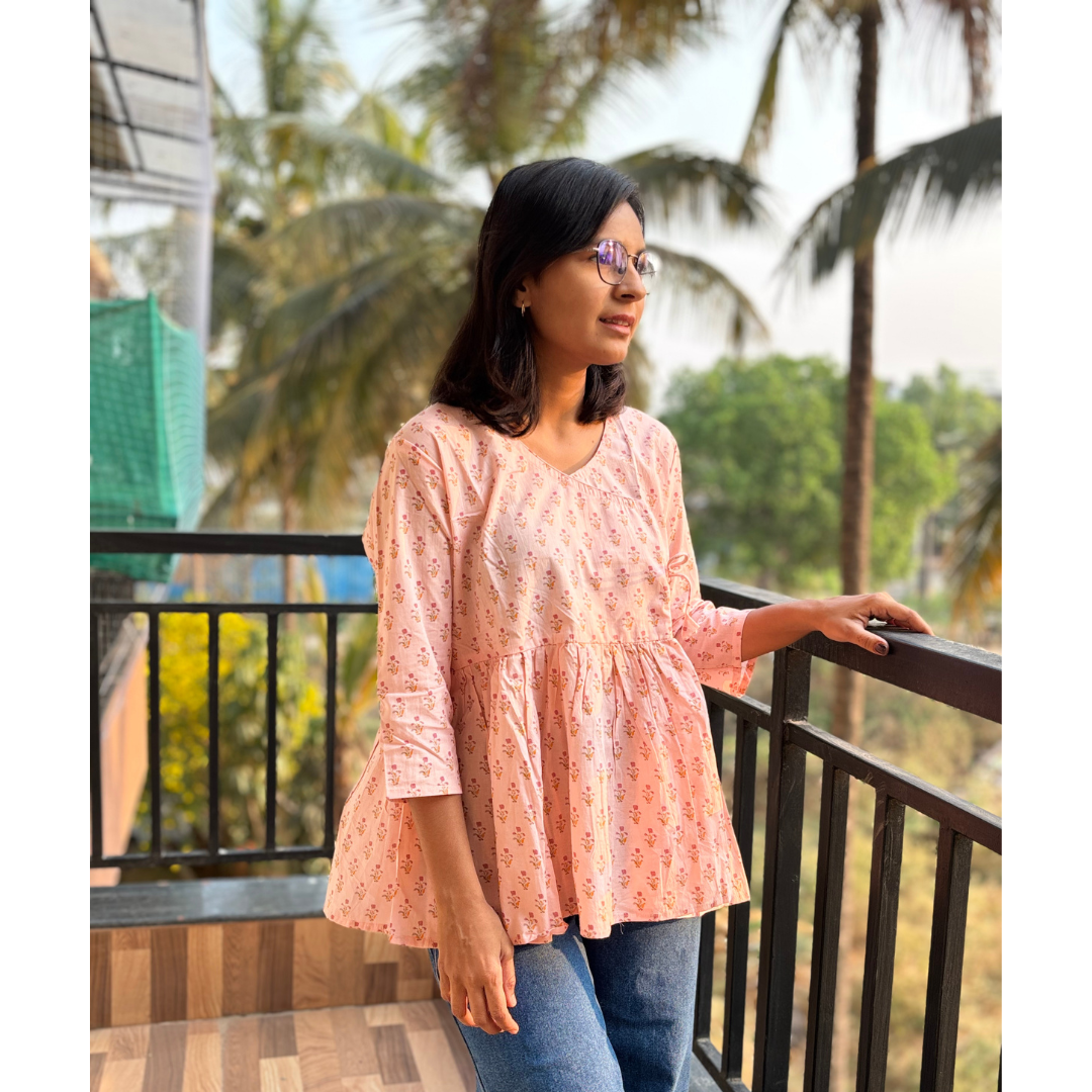 Peach Angrakha Style Cotton Kurti