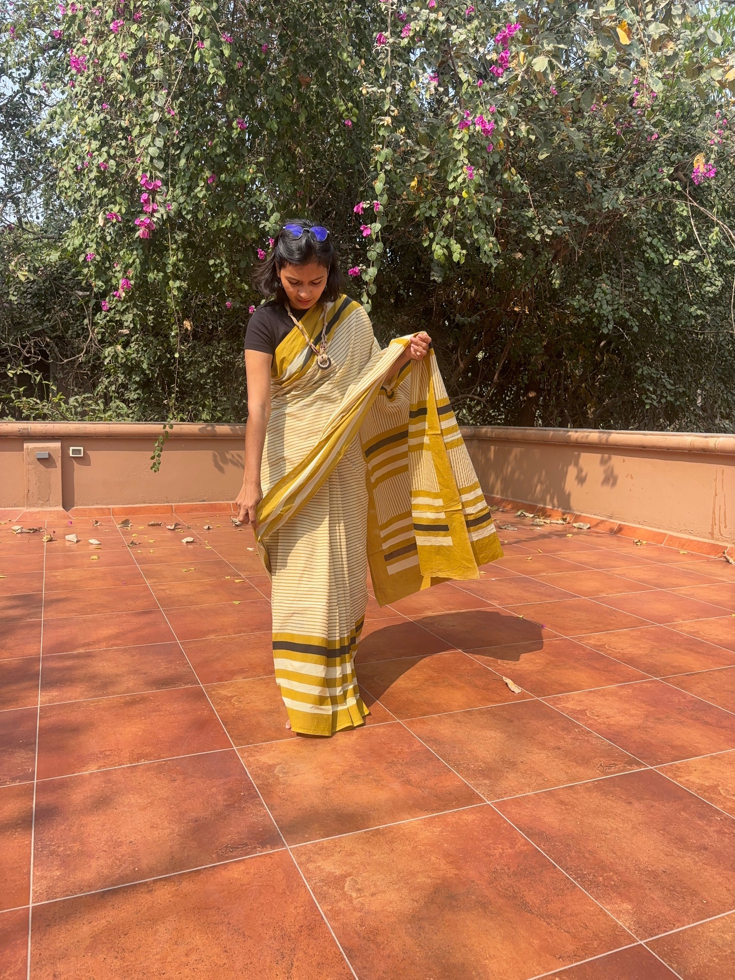 Mustard & Cream Striped Cotton Saree