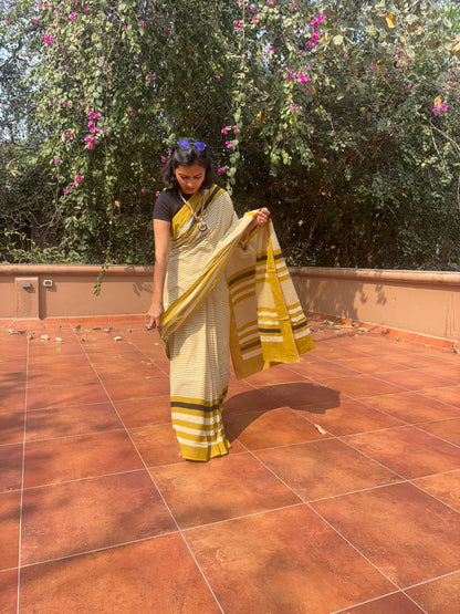 Mustard & Cream Striped Cotton Saree