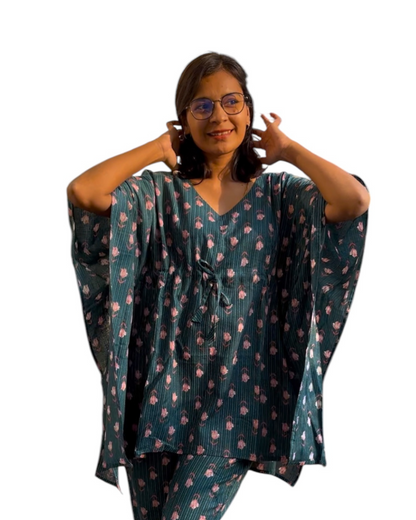 Mint Floral Kantha Printed Kaftan Set