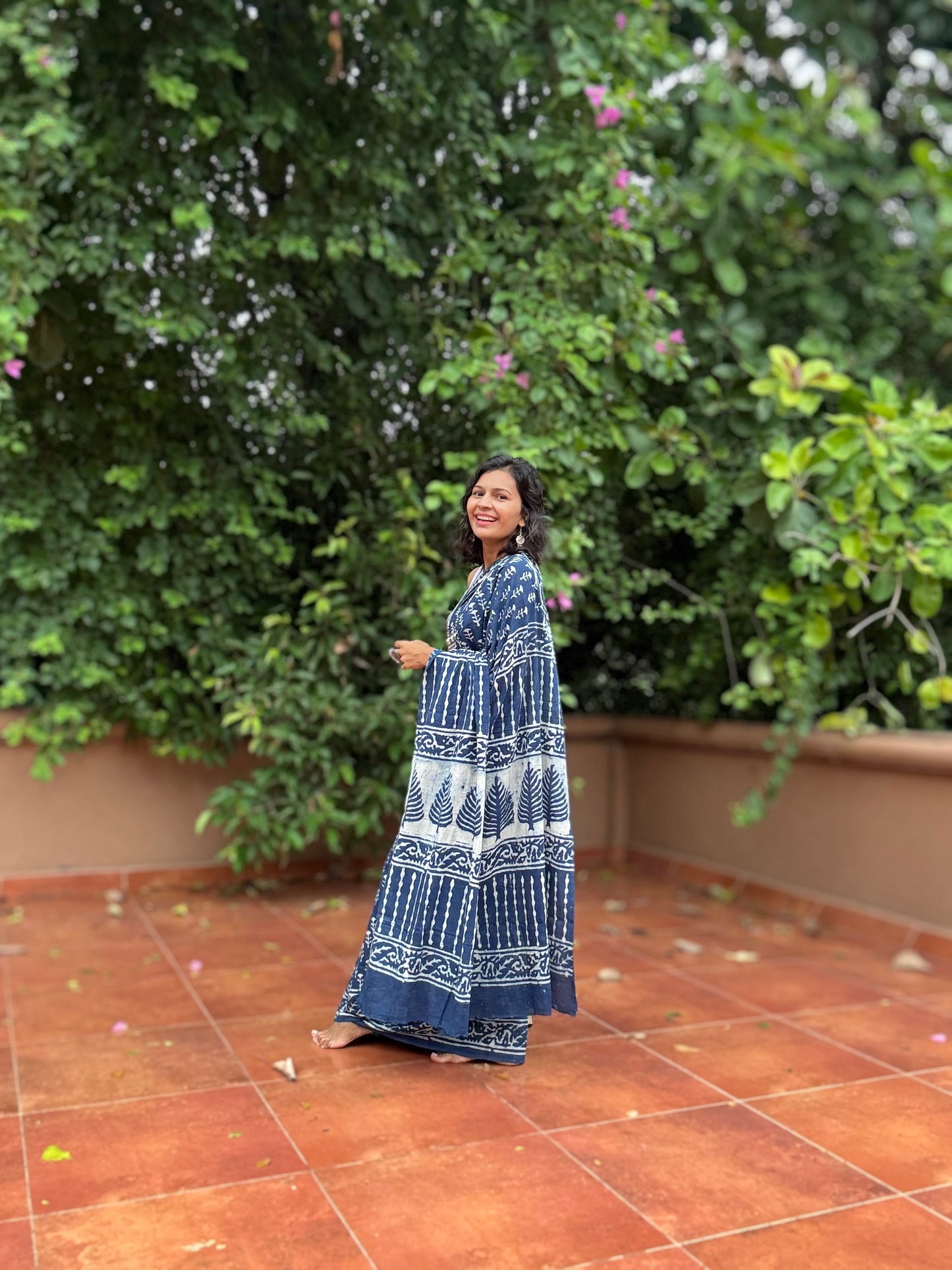 Indigo Hand Block Printed Cotton Saree