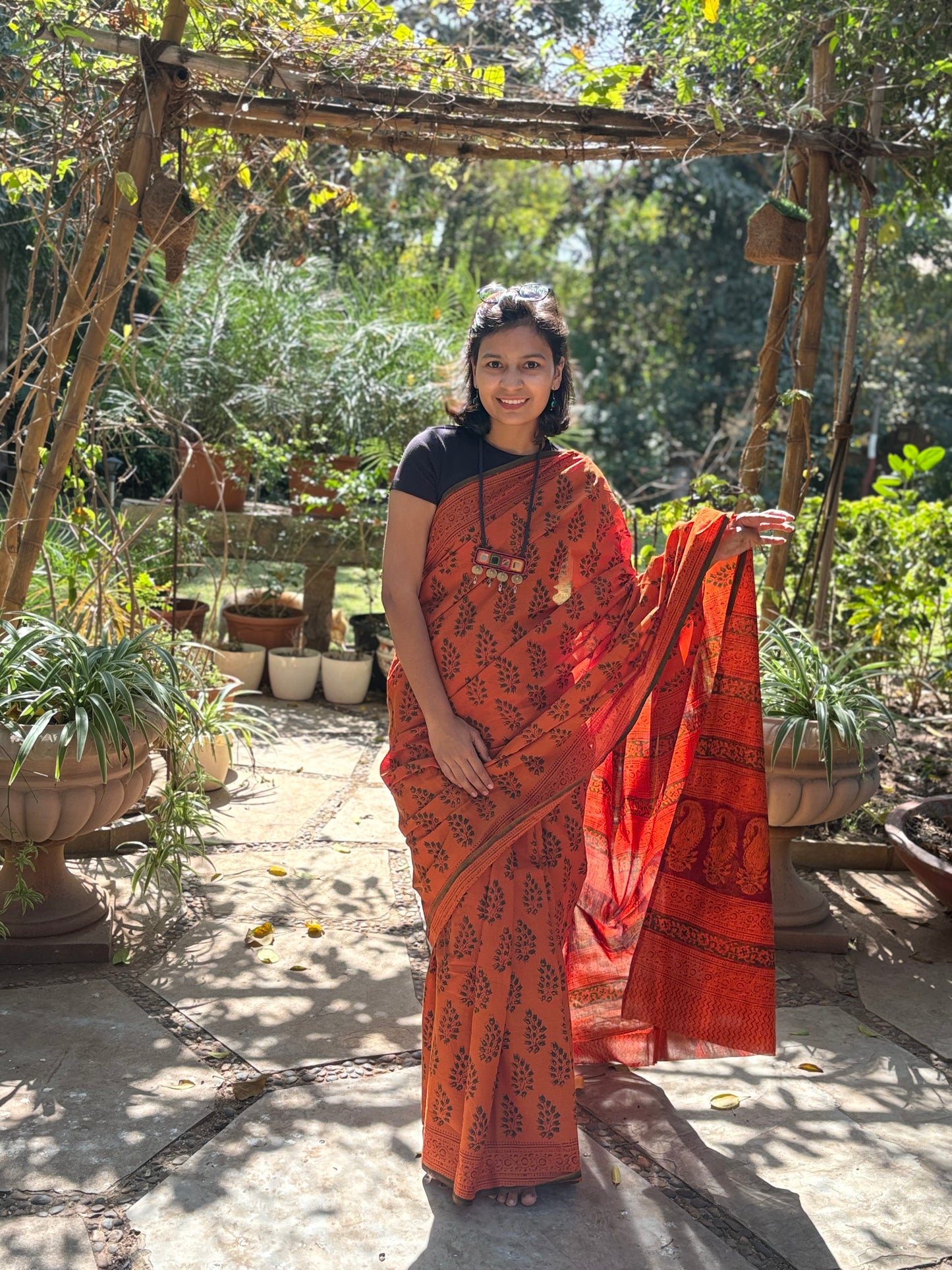 Terracotta Hand-Block printed Saree