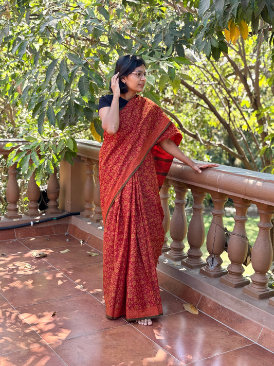 Hand block printed brown saree