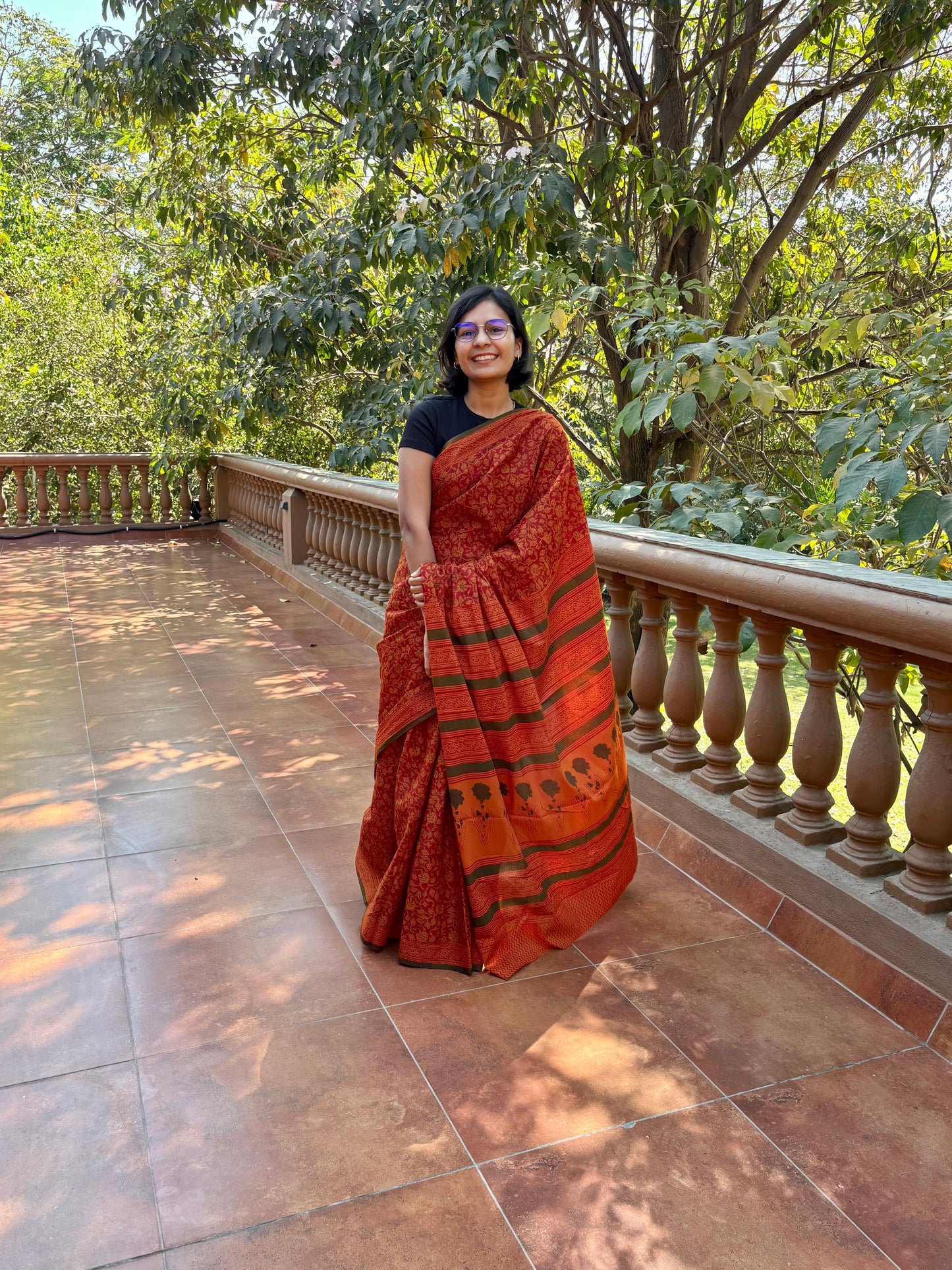 Hand block printed brown saree