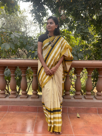 Mustard & Cream Striped Cotton Saree