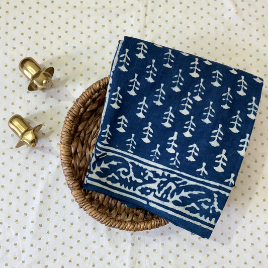 Indigo Hand Block Printed Cotton Saree