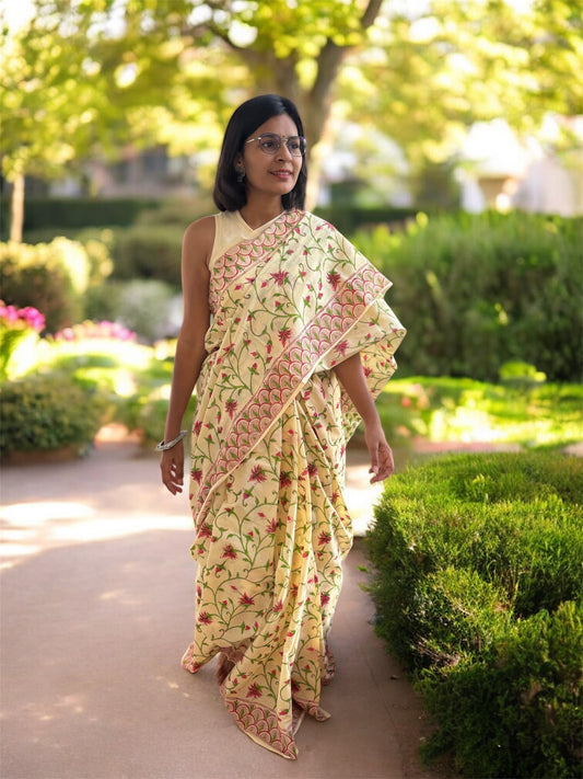 Floral Block Printed Cotton Saree