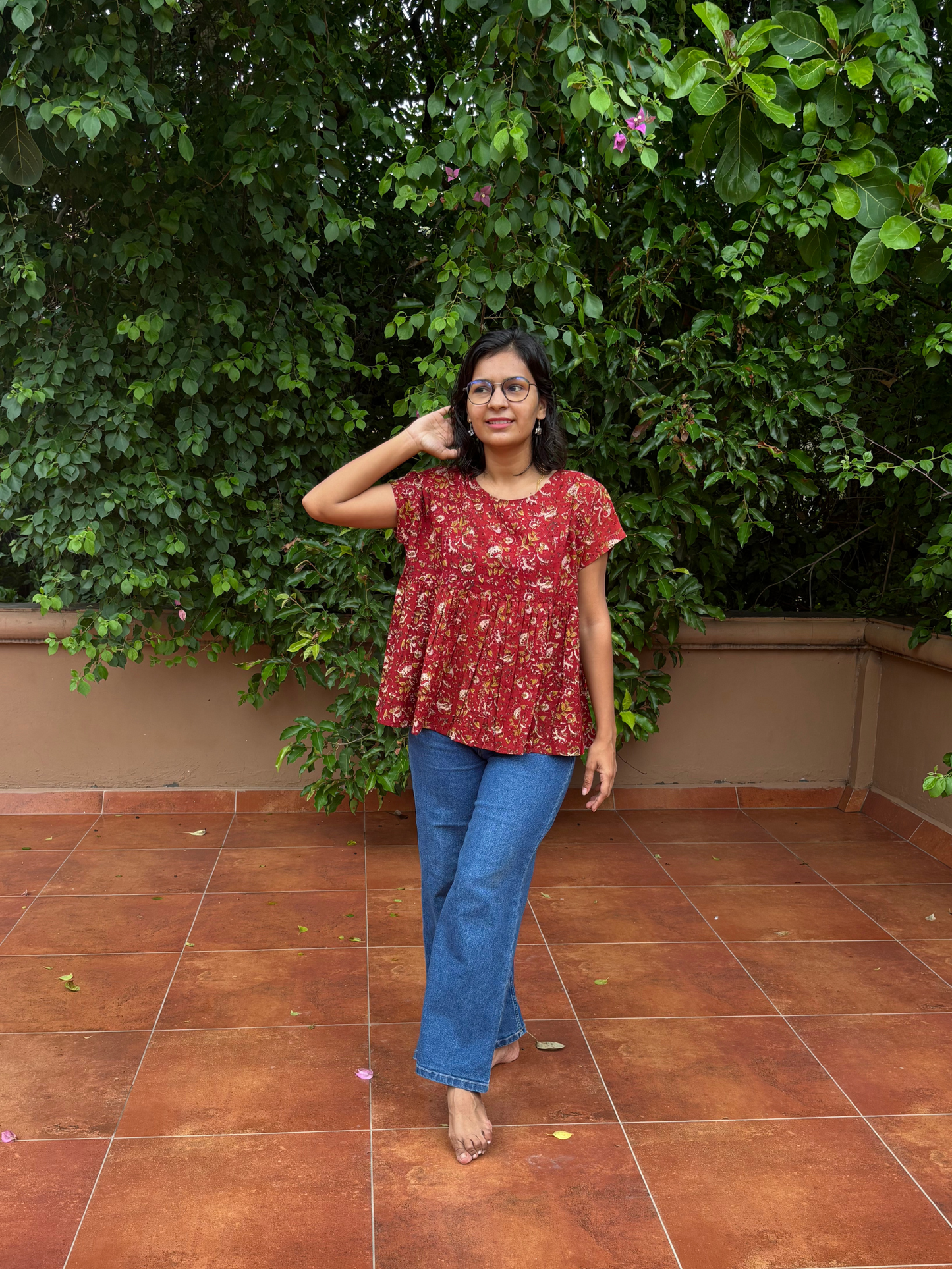 Leher Brown all over Block Print Peplum Top