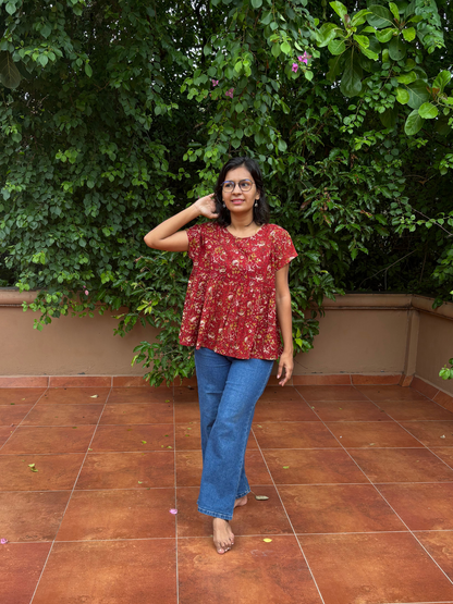 Leher Brown all over Block Print Peplum Top