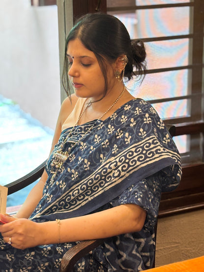 Indigo Hand Block Printed Cotton Saree