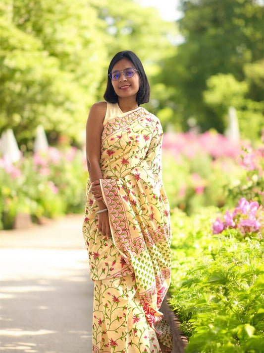 Floral Block Printed Cotton Saree