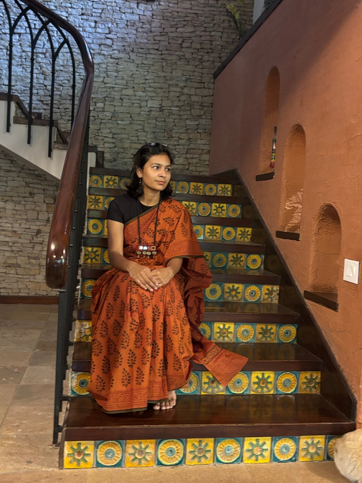 Terracotta Hand-Block printed Saree