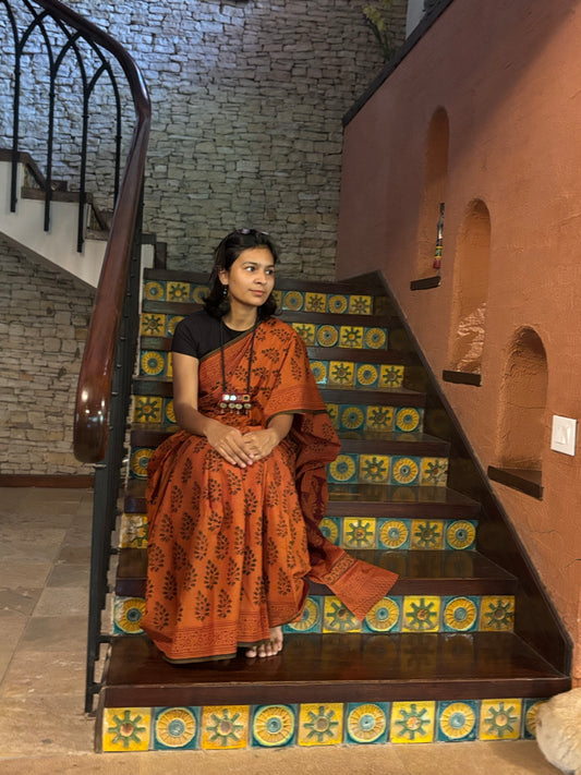 Terracotta Hand-Block printed Saree