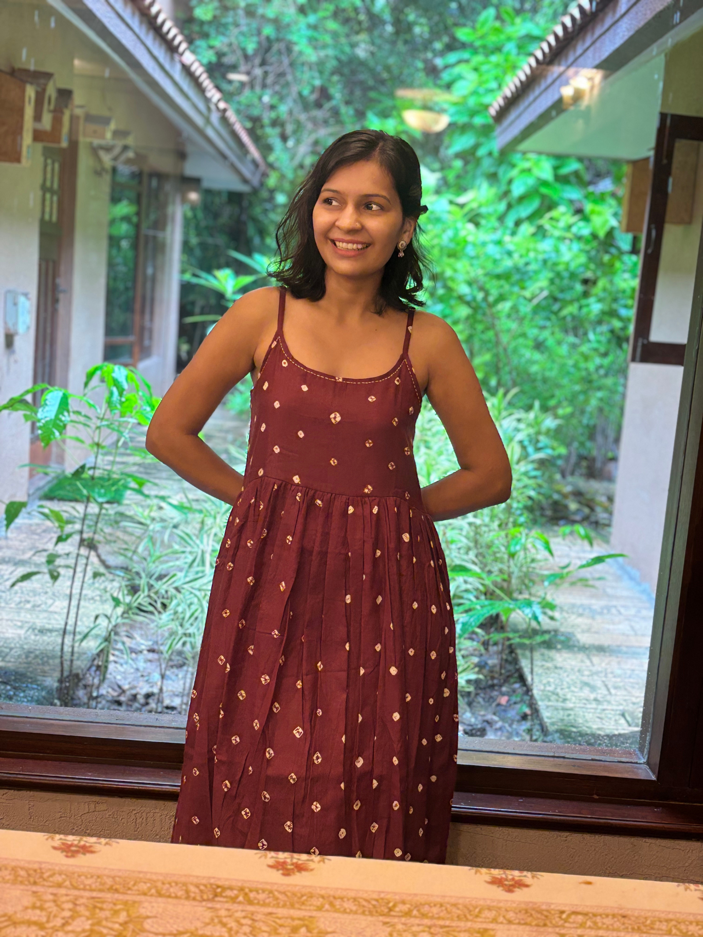 Maati cotton Brown Bandhani Strappy Dress