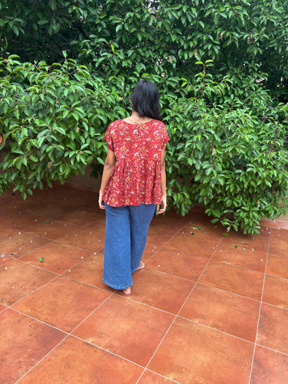 Leher Brown all over Block Print Peplum Top