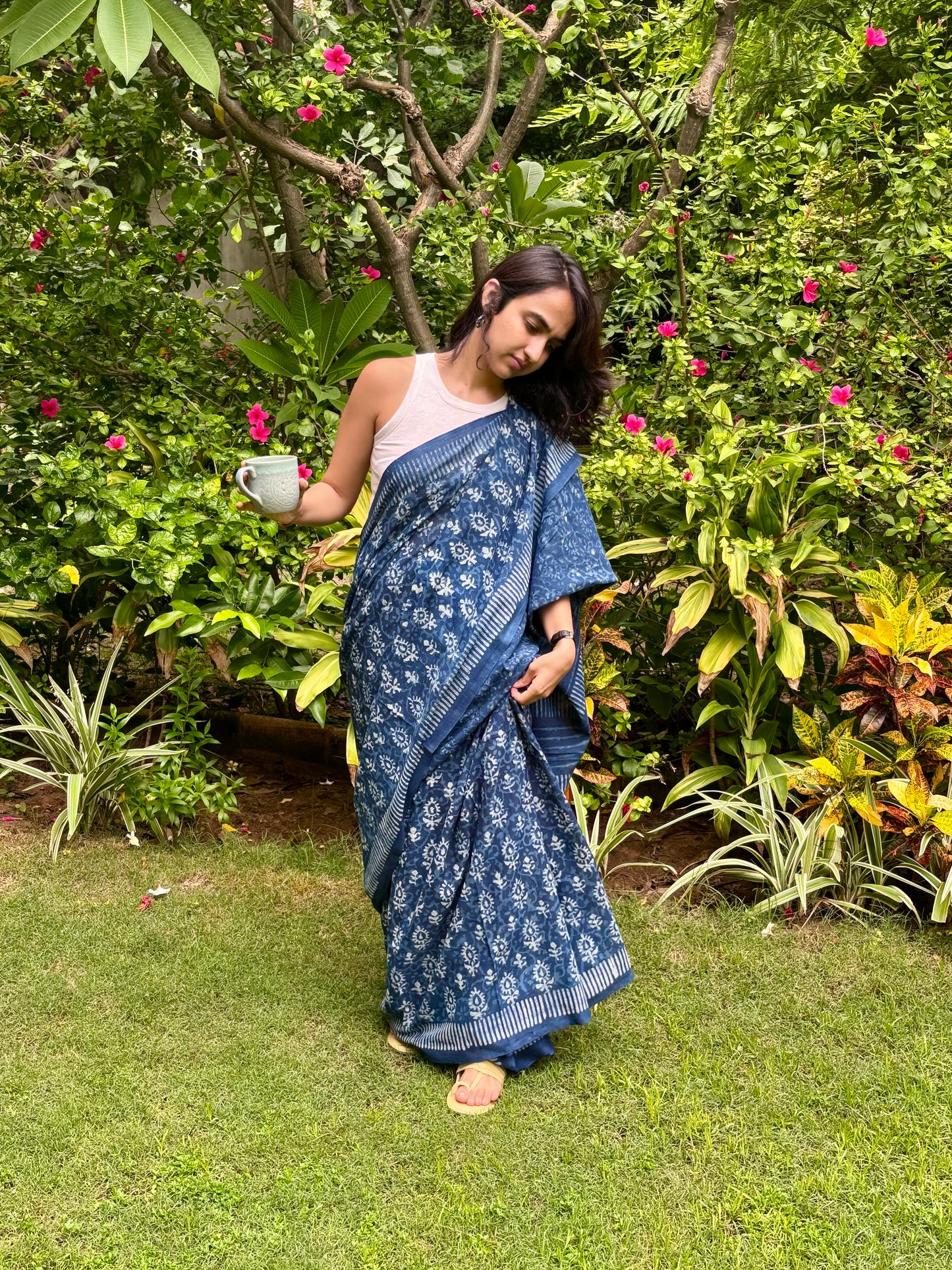 Indigo Hand Block Printed Cotton Saree