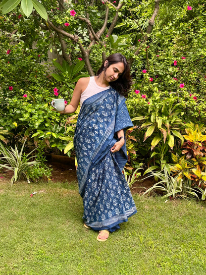 Indigo Hand Block Printed Cotton Saree