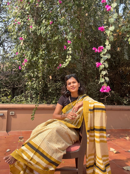 Mustard & Cream Striped Cotton Saree