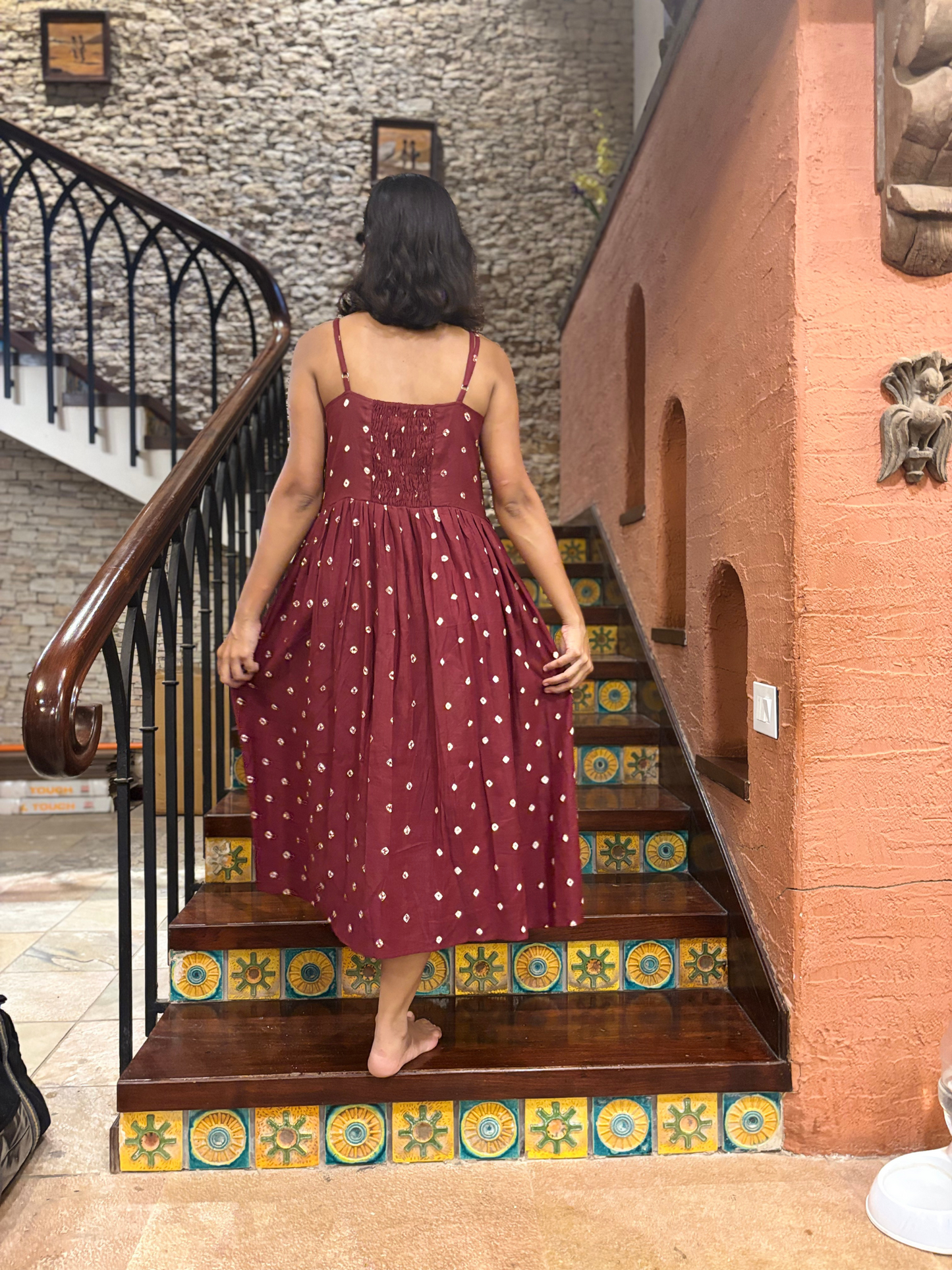 Maati cotton Brown Bandhani Strappy Dress