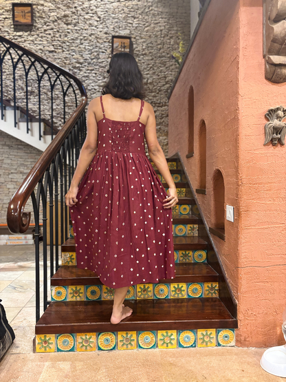 Maati cotton Brown Bandhani Strappy Dress