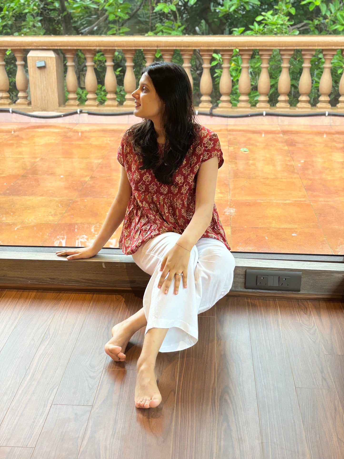 Leher Brown Butti Block Print Peplum Top