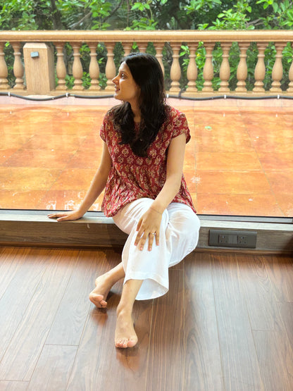 Leher Brown Butti Block Print Peplum Top