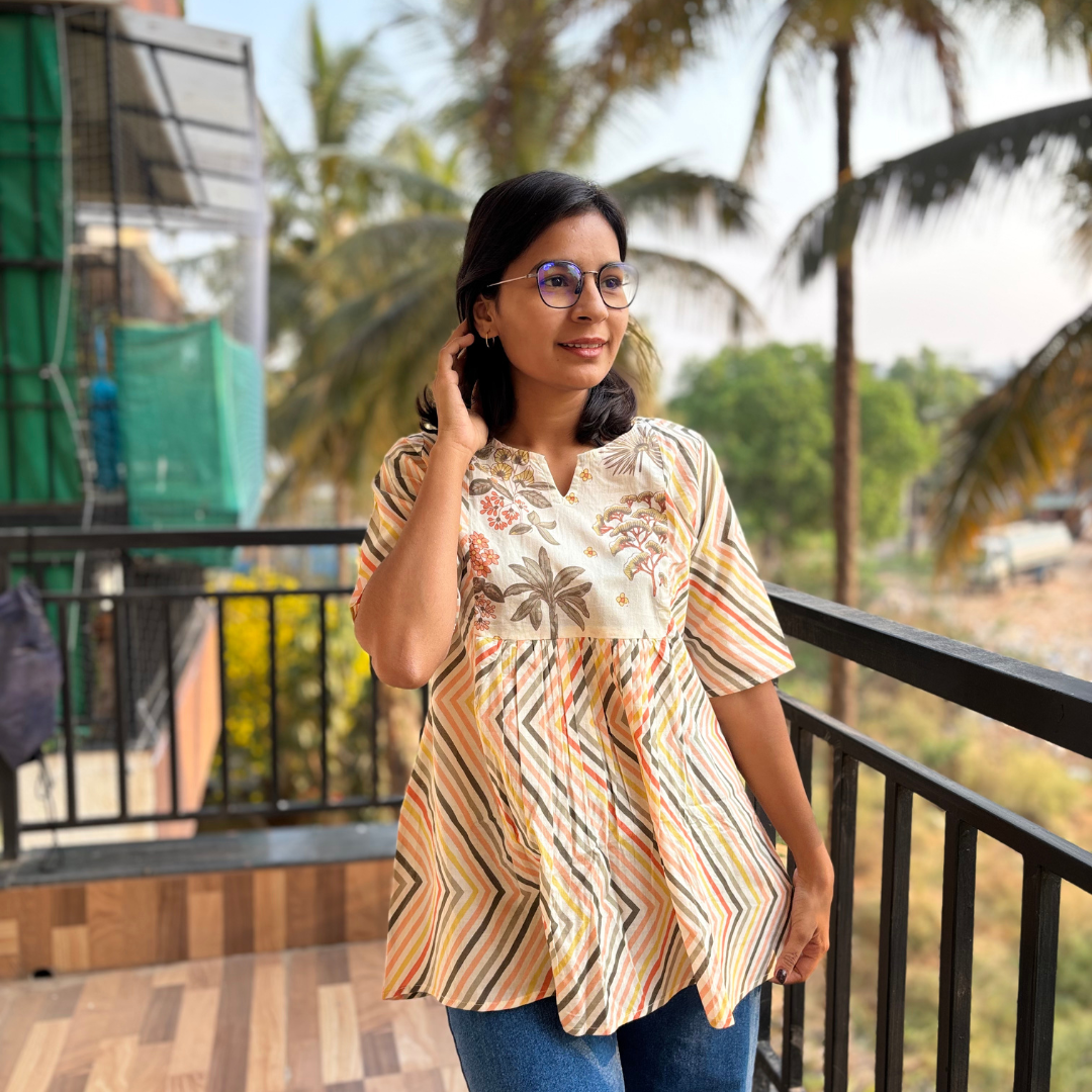 Multicolor Zigzag Stripe Cotton Short Kurti