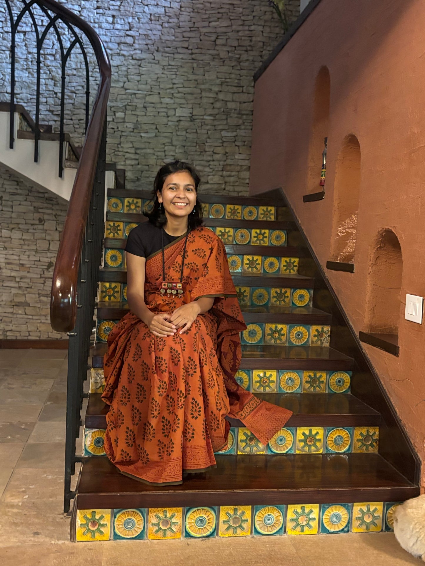 Terracotta Hand-Block printed Saree