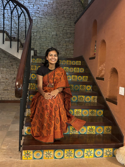 Terracotta Hand-Block printed Saree