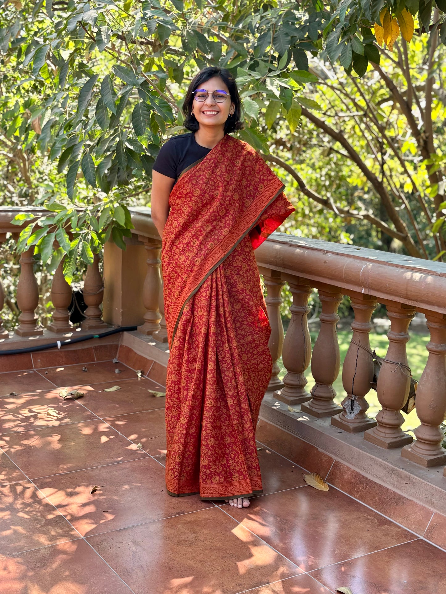 Hand block printed brown saree