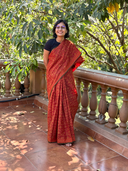 Hand block printed brown saree