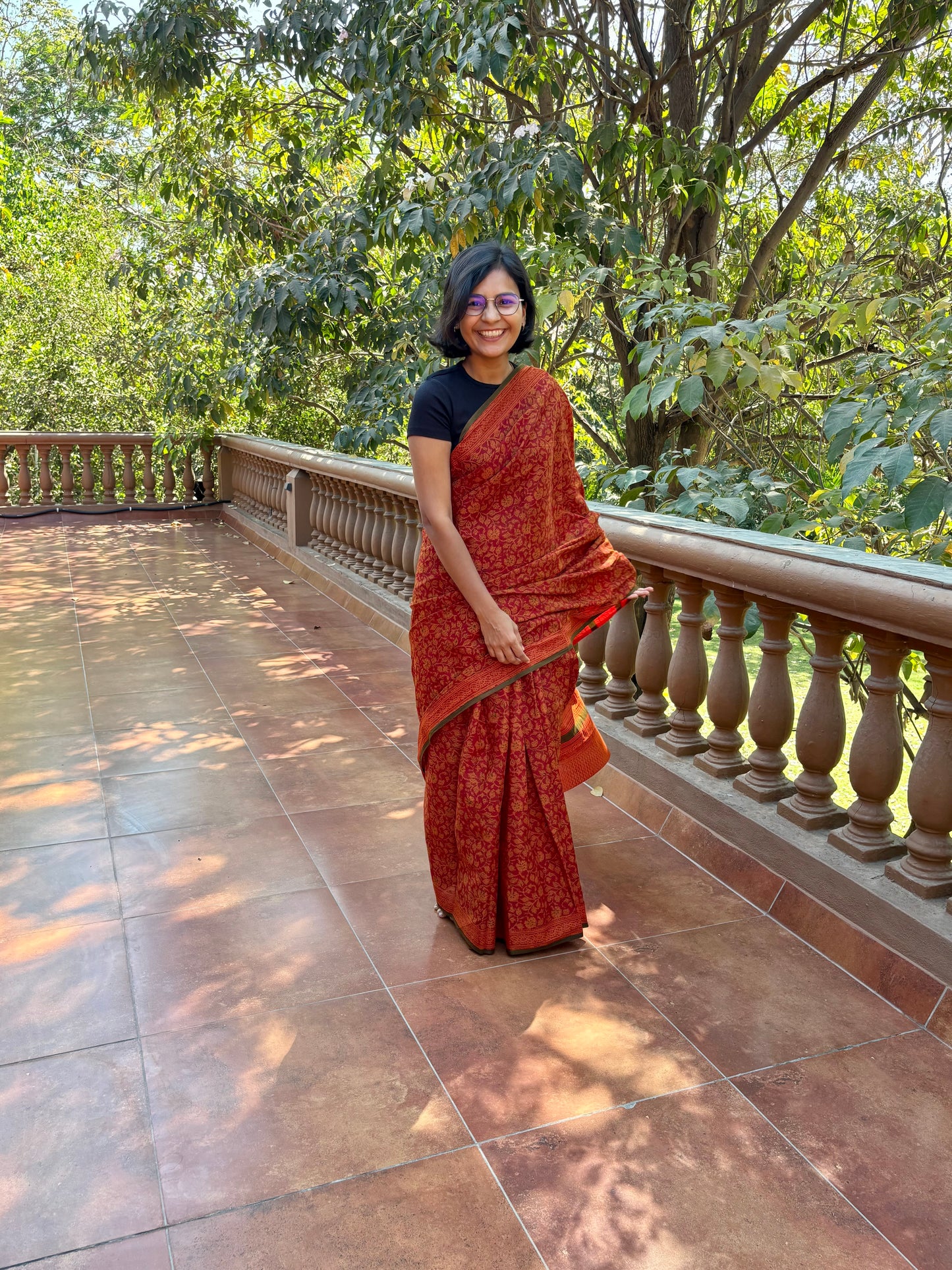 Hand block printed brown saree