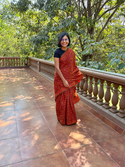 Hand block printed brown saree