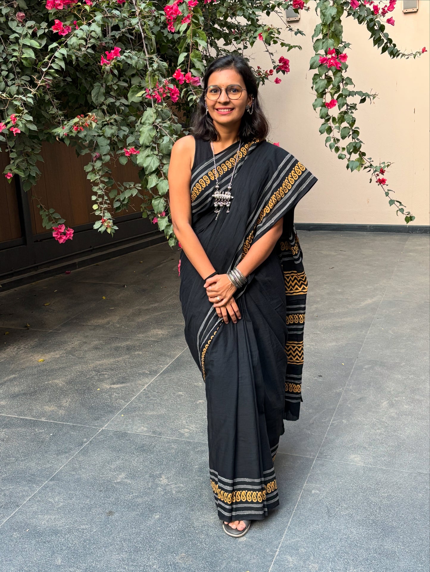 Classic Black Mul Cotton Saree with Mustard Border