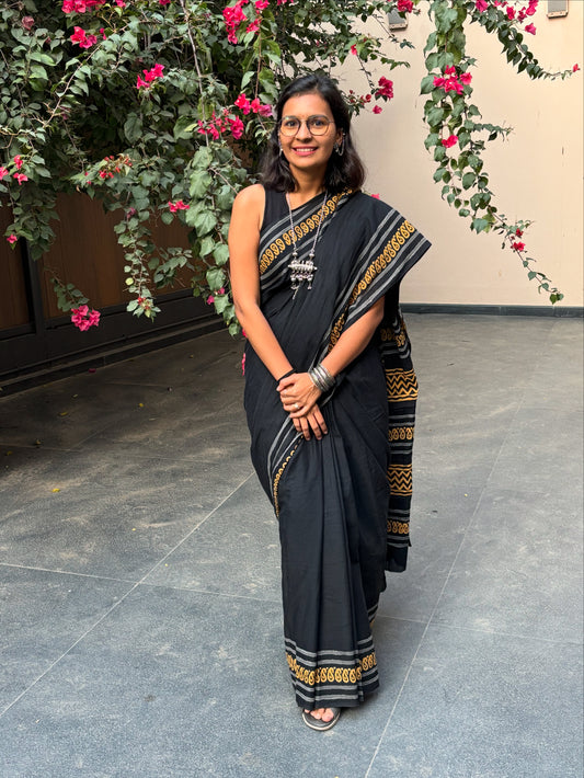 Classic Black Mul Cotton Saree with Mustard Border