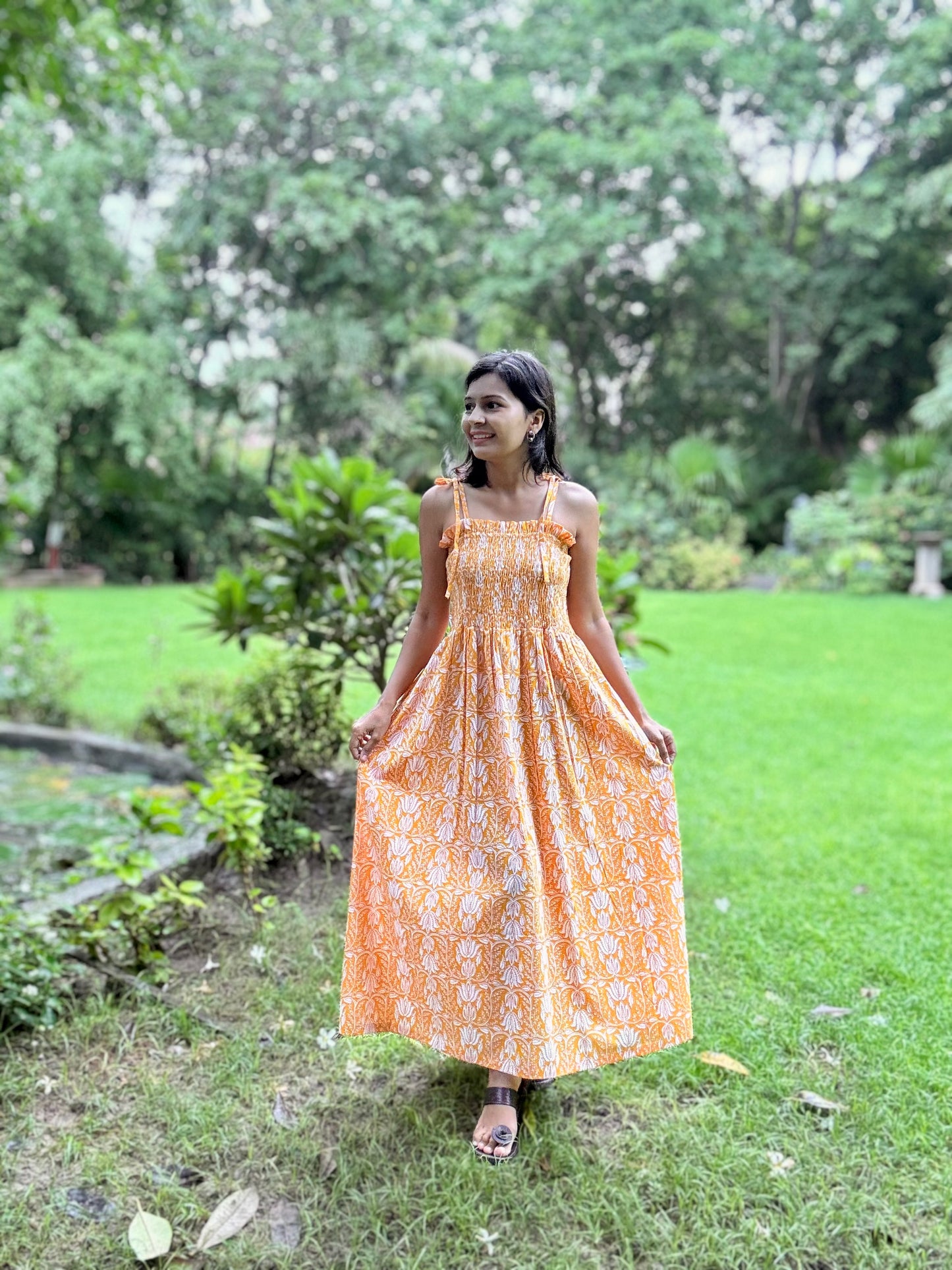 Saanjh yellow block printed smocking strappy dress