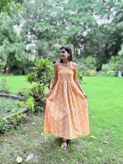 Saanjh yellow block printed smocking strappy dress