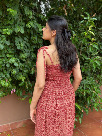 Ruh block printed smocking strappy dress