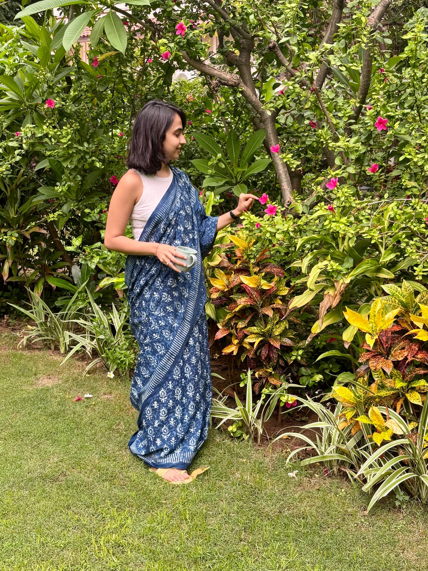 Indigo Hand Block Printed Cotton Saree