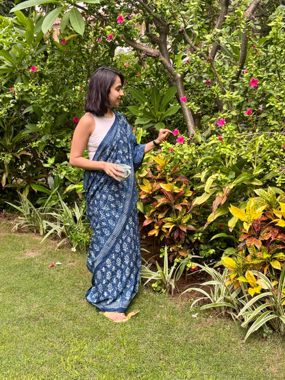 Indigo Hand Block Printed Cotton Saree