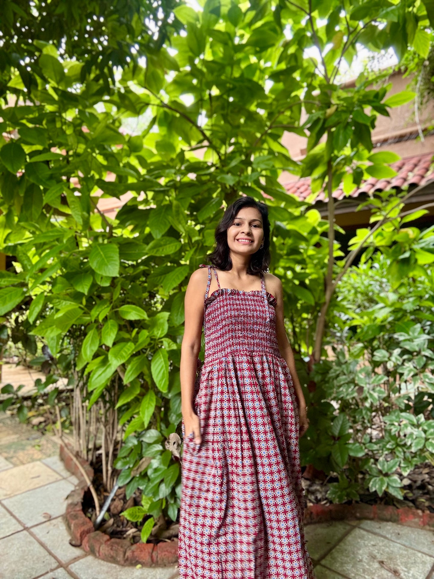 Meher Ajrakh block printed smocking strappy dress
